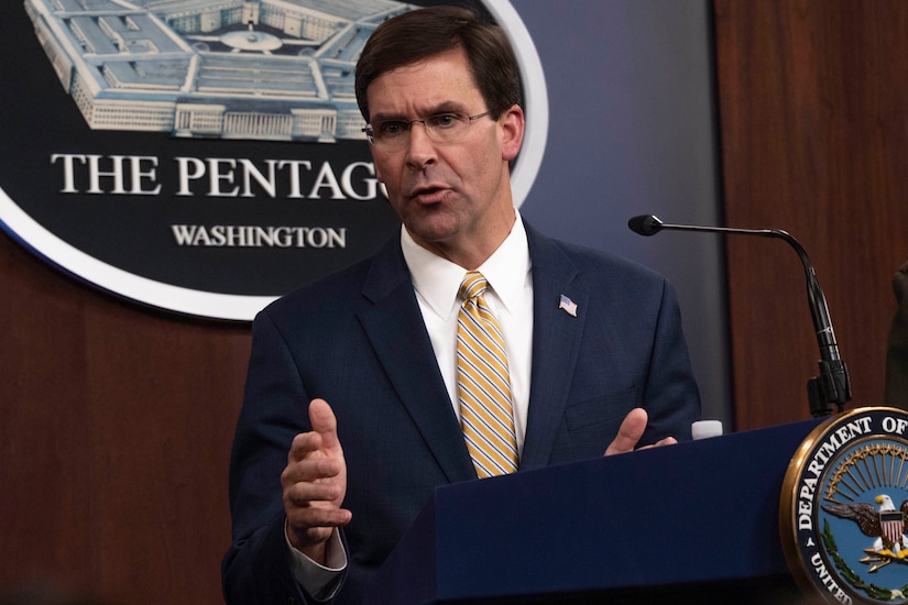 Defense Secretary Dr. Mark T. Esper briefs reporters.