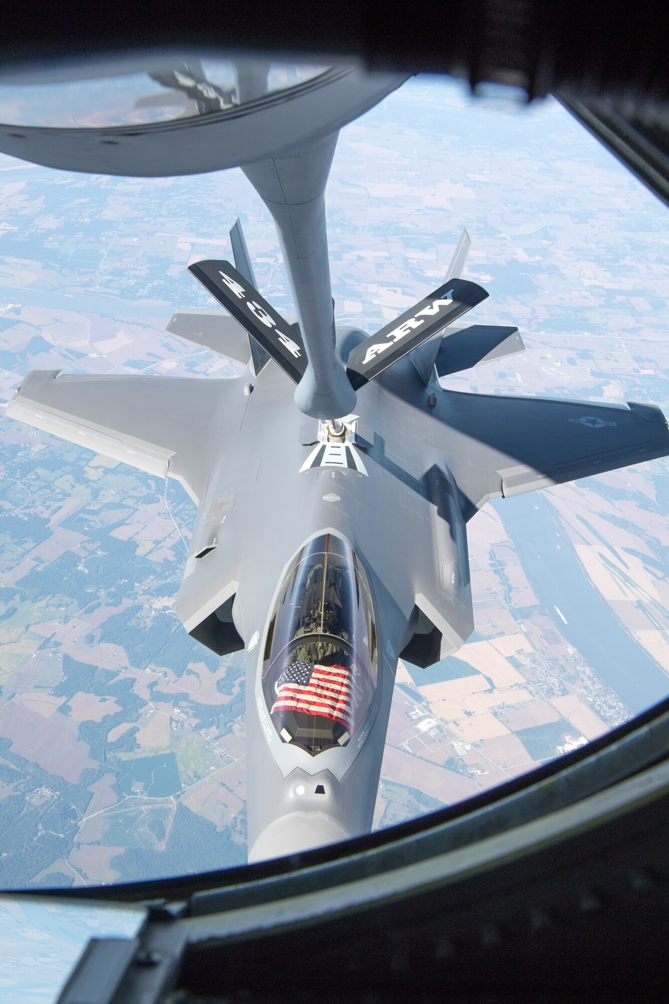 An F-35 Lightning II from the 158th Fighter Wing out of the Vermont Air National Guard Base, South Burlington, Vt., receives fuel from a 434th Air Refueling Wing KC-135 Stratotanker from Grissom Air Reserve Base, Ind., over the Midwest Sept. 19, 2019. The 158th FW is the first Air National Guard unit to receive the aircraft, and will be the second operational F-35 wing in the U.S. Air Force. (U.S. Air Force photo/Master Sgt. Ben Mota)