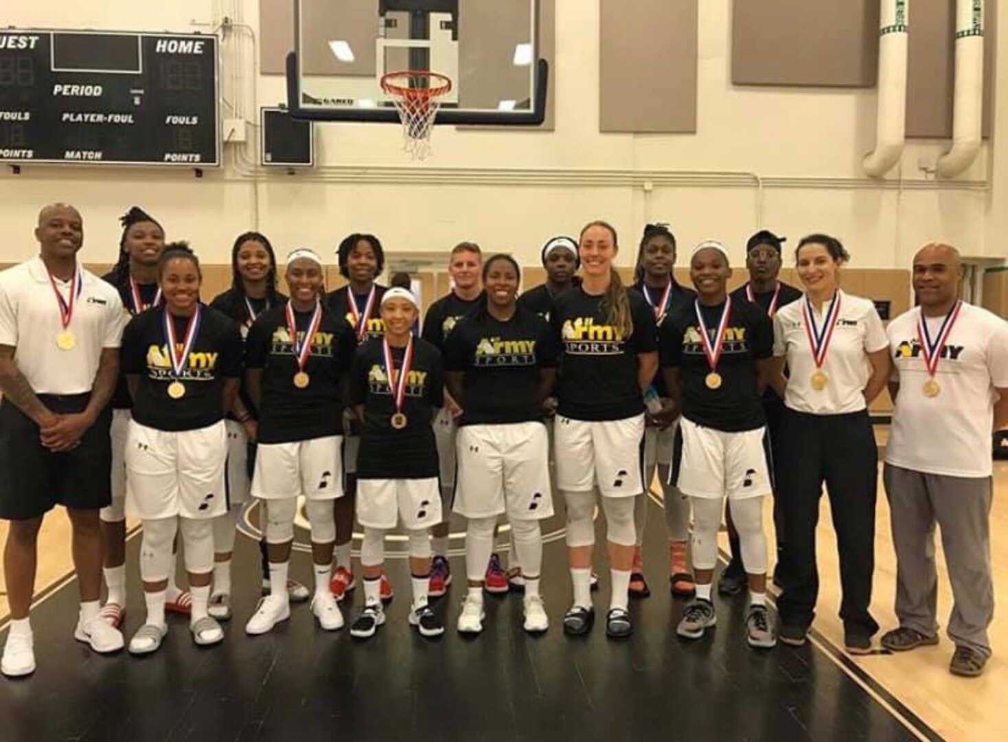 Capt. Kelsey Gebauer, (second from right, first row), stands among members of the All Army Women’s Basketball Team that won the gold medal at the U.S. Armed Forces Basketball Championships in June at Naval Station Mayport, Florida. Gebauer, Medical Education and Training Campus Physical Therapist Technician Program instructor at Joint Base San Antonio-Fort Sam Houston, worked as a physical therapist and trainer for the Army women’s team at the tournament. She has been selected as the physical therapist and trainer for the All Armed Forces Women’s Basketball Team that will compete in the International Military Sports Council 7th Military World Games in Wuhan, China, Oct. 18-28.