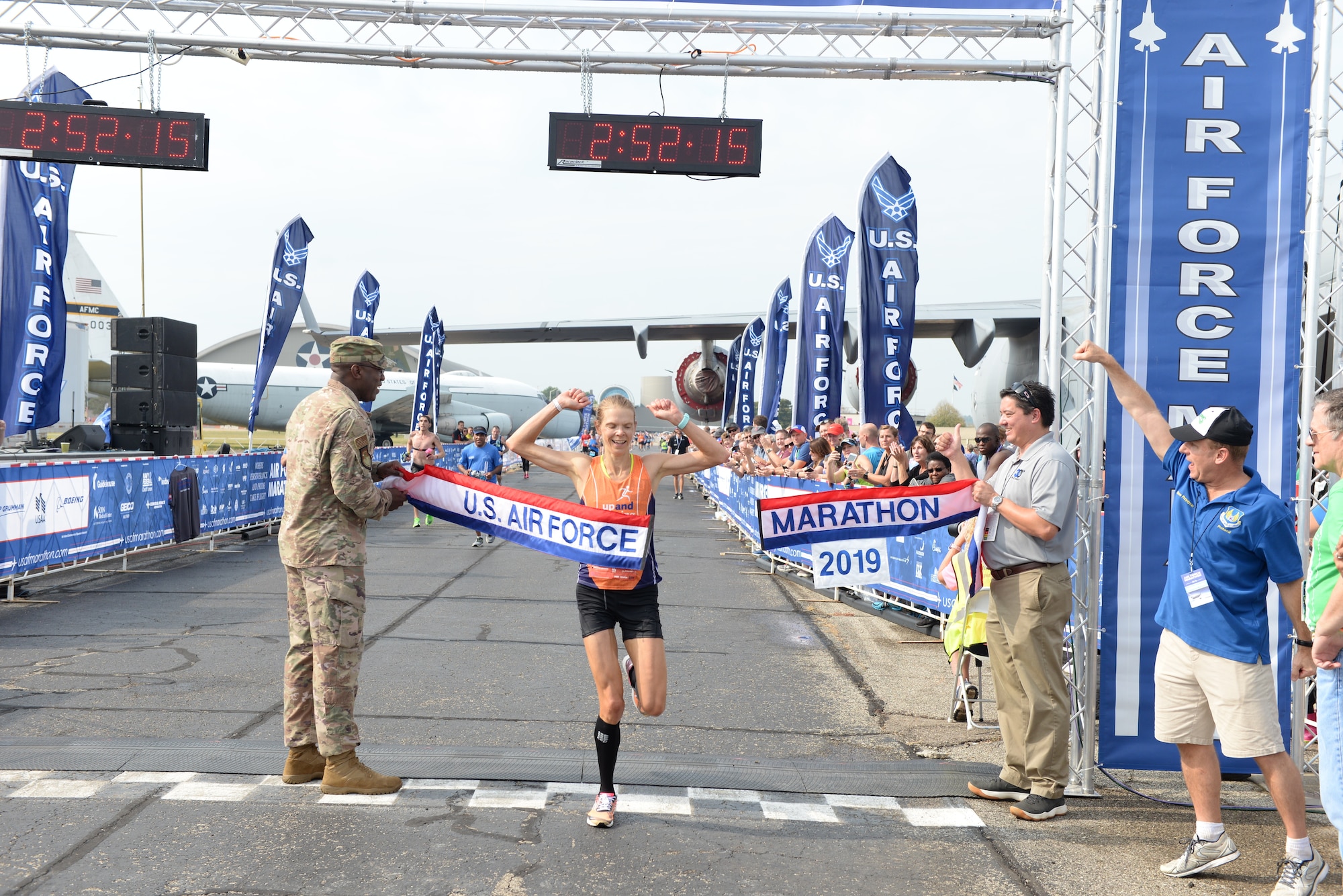 Ann Alyanak of Bellbrook crosses the line at 2:52:15 capturing the Women's title for the 2019 Air Force Marathon.(U.S. Air Force photo/Wesley Farnsworth)
