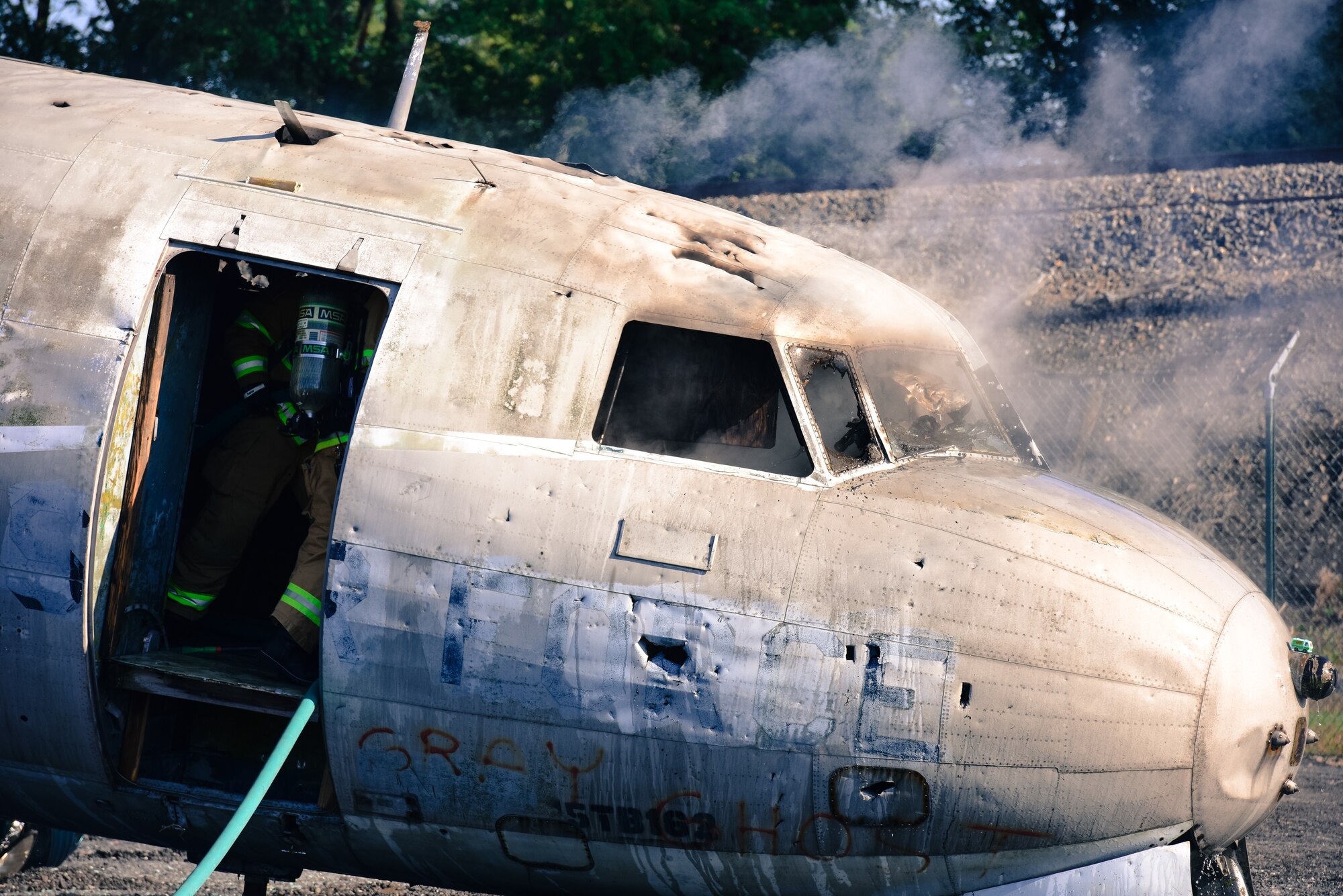 Firefighters from the 193rd Special Operations Civil Engineering Squadron worked to help extinguish a fire during a large-scale exercise September 21, 2019, at Harrisburg International Airport, in Middletown, Pennsylvania.