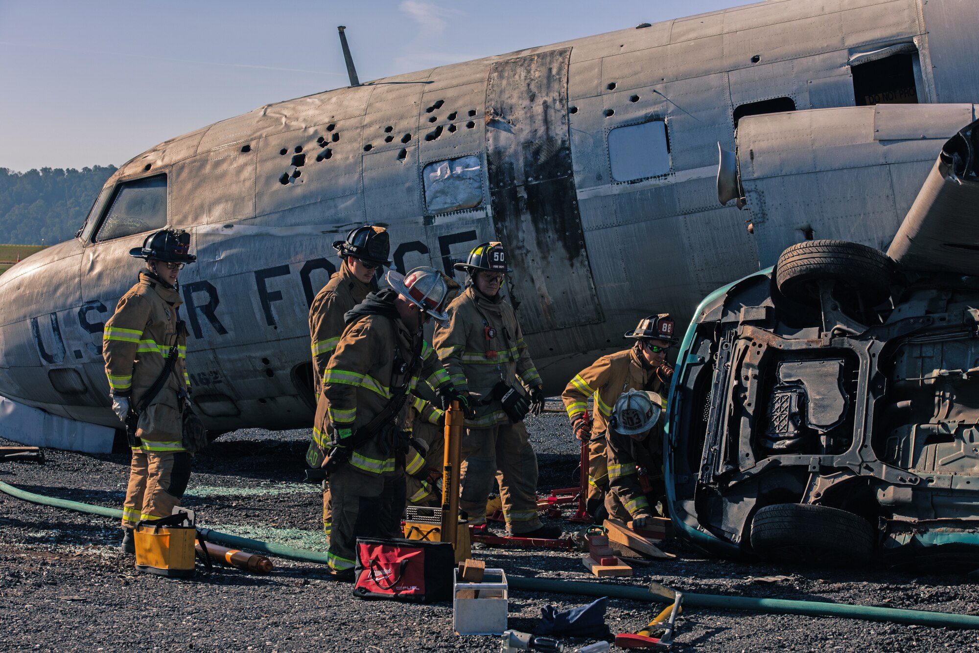 Firefighters from the 193rd Special Operations Civil Engineering Squadron worked with local EMTs, firefighters and police during a large-scale exercise September 21, 2019, at Harrisburg International Airport in Middletown, Pennsylvania.