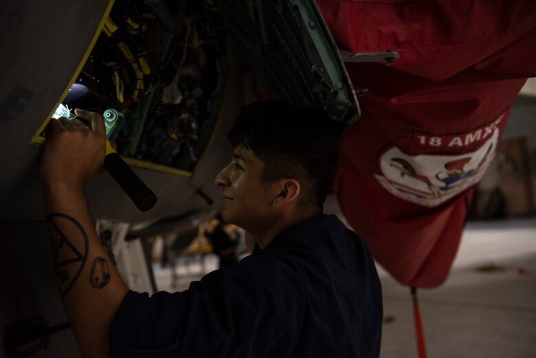 U.S. Air Force Airman 1st Class Victor Luna-Pena, 18th Equipment Maintenance Squadron phase inspector, examines an F-15C Eagle during a phase inspection at Kadena Air Base, Japan, Sept. 17, 2019.