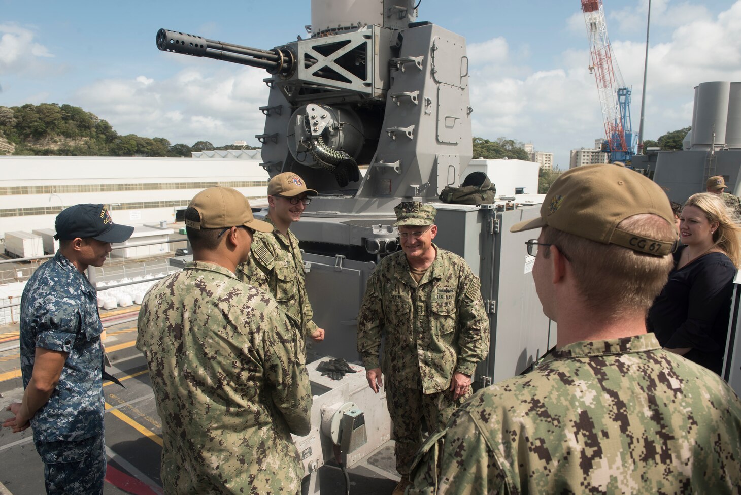 YOKOSUKA, Japan (Sept. 23, 2019) - Chief of Naval Operations Adm. Michael M. Gilday speaks to Sailors onboard Ticonderoga-class guided-missile cruiser USS Shiloh (CG 67). During his visit to Shiloh, Adm. Gilday toured the ship and engaged with the crew.