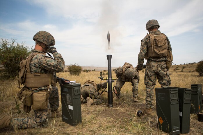 Marines fire an M252 81 mm mortar system during exercise Platinum Eagle in Babadag Training Area, Romania, Sept. 17.