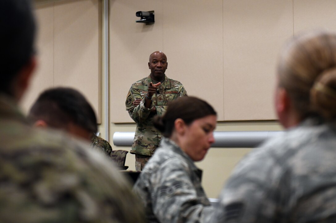 Chief Master Sgt. of the Air Force Kaleth O. Wright answers Airman’s questions during the WHYTANK Culture event at Joint Base Andrews, Md., Sept. 20, 2019.