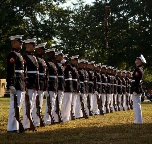 U.S. Marines with the U.S. Marine Corps Silent Drill Platoon conduct their “rifle inspection” sequence during the 37th annual Enlisted Awards Parade at MCB Quantico, Virginia, Sept. 18.