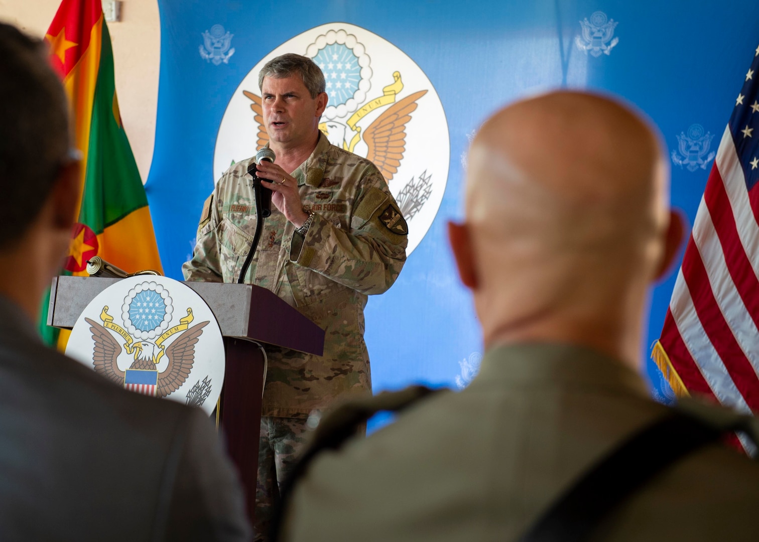 Lt. Gen. Michael T. Plehn speaks during the closing ceremony for the hospital ship USNS Comfort's eight-day medical mission in Grenada.