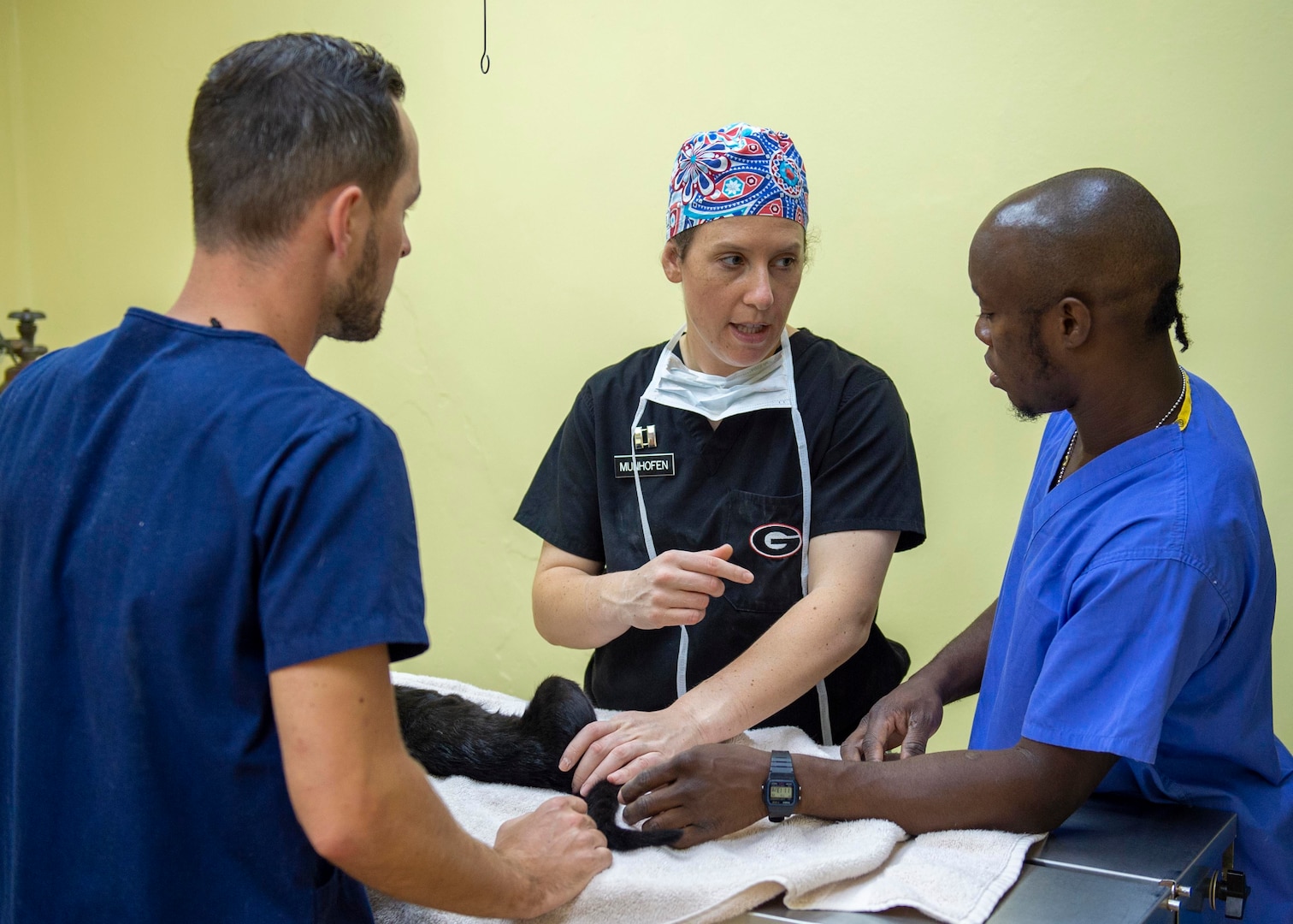 A veterinarian talks with students prior to a surgery.