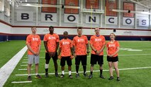 Team U.S. Army Space and Missile Defense Command (from left: Maj. Clifton Palmore, Staff Sgt. Brandon Vereen, Spc. Michael Isaac, Maj. Michael Smith, Capt. Bryce Thornton and Capt. Allison Foust) worked together to take first place in the 2019 Denver Broncos/USAA Salute to Service Boot Camp Competition Aug. 21 at the Denver Broncos’ University of Colorado Health Training Center Fieldhouse in Englewood, Colorado. (U.S. Army photo by Dottie K. White)