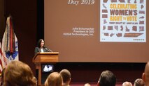 Julie Schumacher, former deputy to the commander of U.S. Army Space and Missile Defense Command speaks at the Team Redstone Women’s Equality Day at the Bob Jones Auditorium Aug. 28. This year’s theme is “Celebrating Women’s Right to Vote.” (U.S. Army photo by Ronald Bailey)
