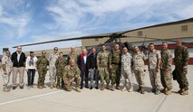 Delegates from Colorado's state partners, Jordan and Slovenia, stand for a photo with Maj. Gen. Mike Loh, the adjutant general of Colorado, center, at the High Altitude Army National Guard Aviation Training Site, Gypsum, Colorado, Aug. 29, 2019. The delegations attended both Alpine Guard and the National Guard Association of the United States conference in Denver Aug. 28-Sept. 1, to introduce them to strategic planning and coordination that takes place at the organizational and national levels of the Department of Defense, in addition to showcasing the operational capabilities of the CONG. (U.S. Army National Guard photo by Staff Sgt. Zachary Sheely)