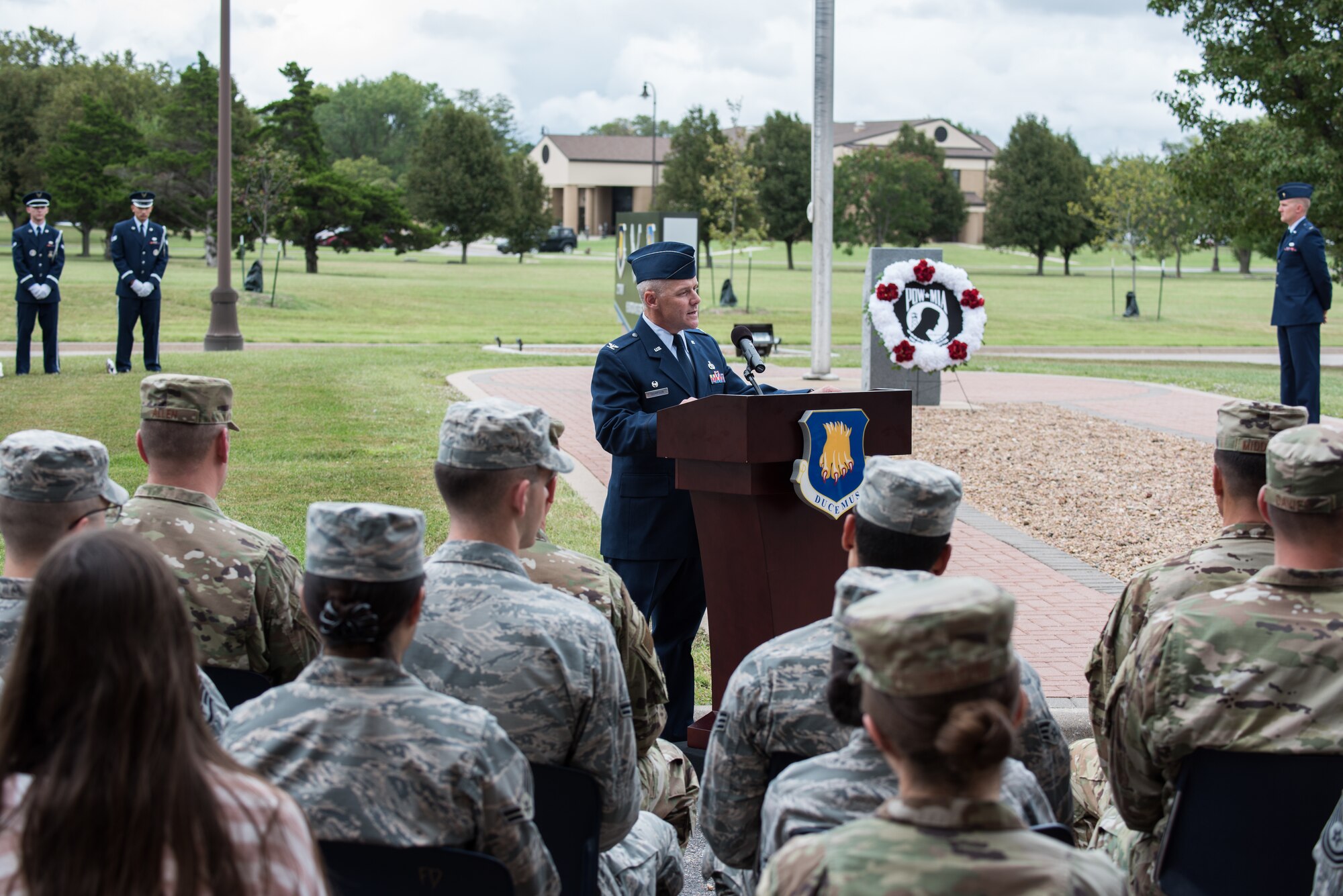 Col. Robert Thompson, 931st Maintenance Squadron commander, shares the importance of remembering those who have sacrificed in service to their country at the 2019 prisoner(s) of war/missing in action Retreat Ceremony Sept. 20, 2019, at McConnell Air Force Base, Kan. Today, there are approximatley 79,000 men and women who are unaccounted for. (U.S. Air Force photo by Senior Airman Alan Ricker)