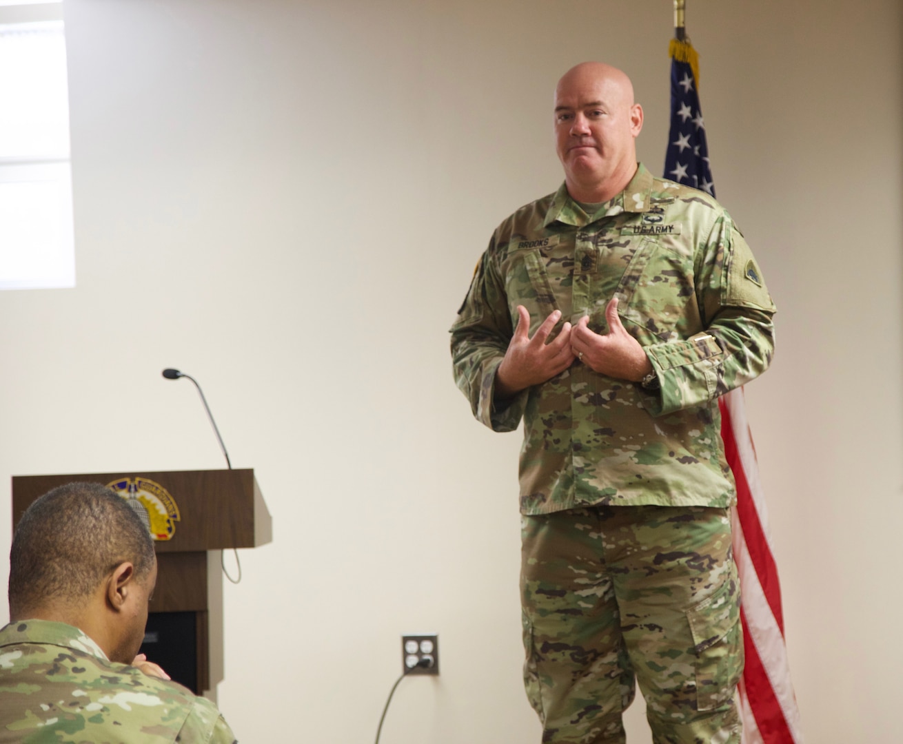 District of Columbia National Guard’s Command Sergeant Major Michael R. Brooks discusses his struggles in life during the DCNG’s Suicide Prevention Awareness Month event Sept. 18. He encouraged the DCNG to really listen to people who need to talk about life’s challenges.