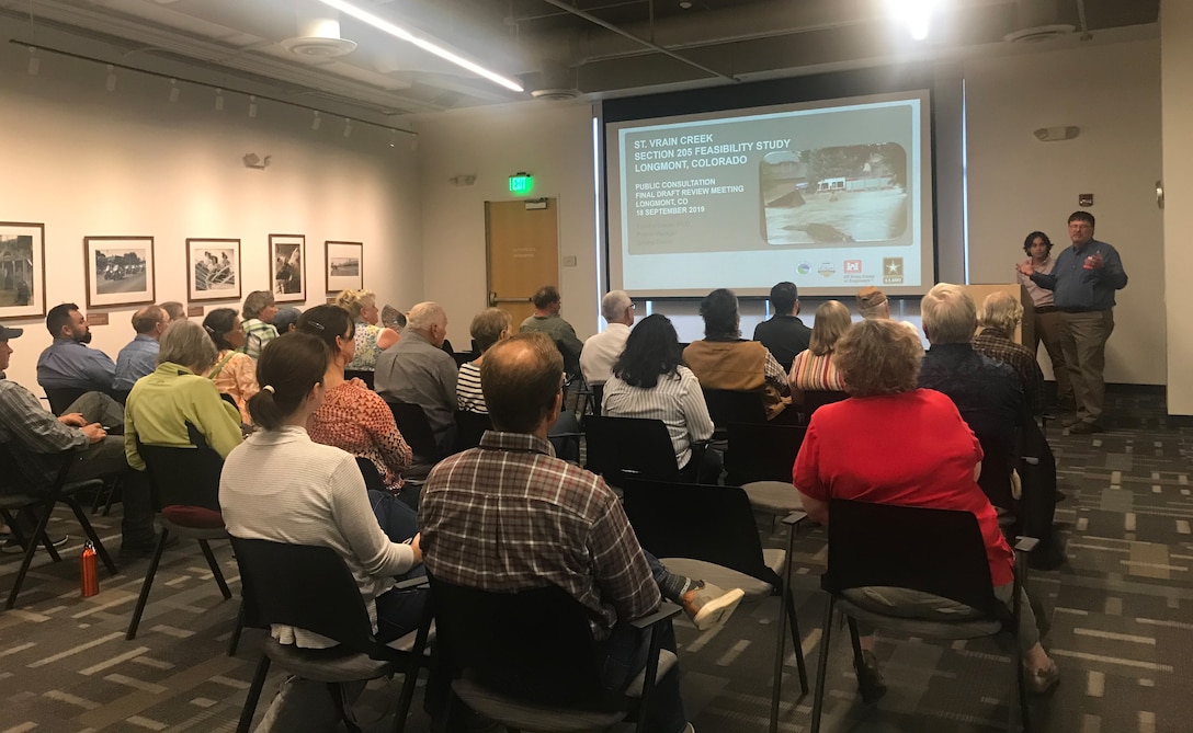 The Omaha District, in cooperation with the City of Longmont, held a public meeting on September 18, 2019 to seek input on the recommended plan to reduce flood risk along the St. Vrain Creek in Longmont, Colorado.