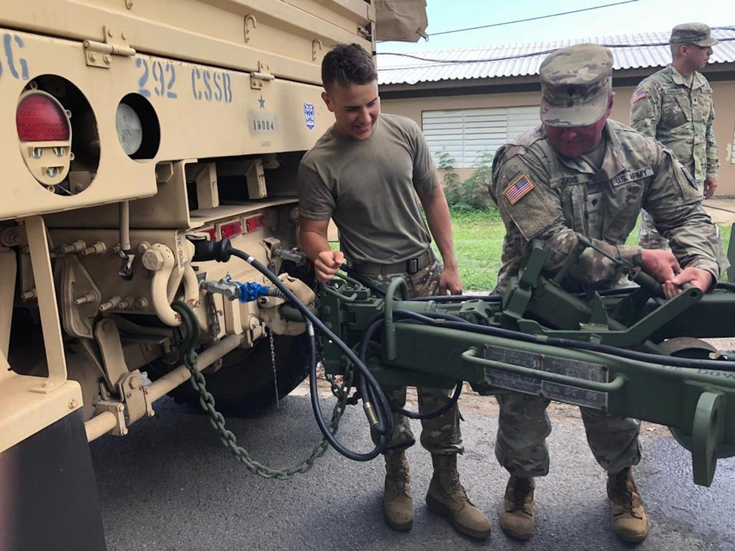 Puerto Rico National Guard members check and fuel military vehicles and electrical generators and replenish water distribution trucks on Aug. 27, 2019, in preparation to respond to Hurricane Dorian.