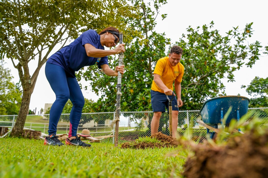 Two sailors in civilian clothes dig in a field.