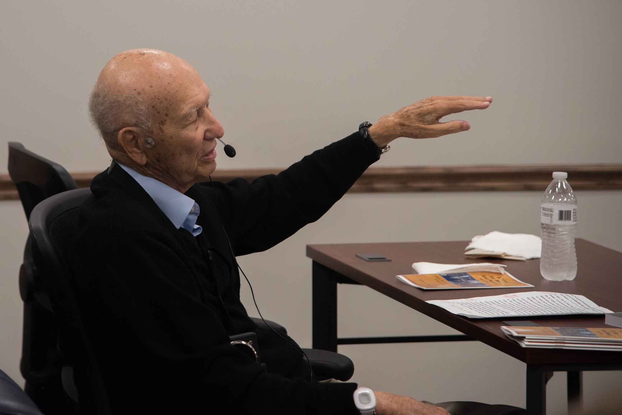 Marvin Martin, a B-29 Superfortress radar observer, shares his story to members of the 22nd Air Refueling Wing and members of the Order of Daedalians Sept. 10, 2019, at McConnell Air Force Base, Kan. While sharing his story, Martin stated he was part of the last flying mission with a B-29 Superfortress in World War II. (U.S. Air Force photo by Airman 1st Class Marc A. Garcia)
