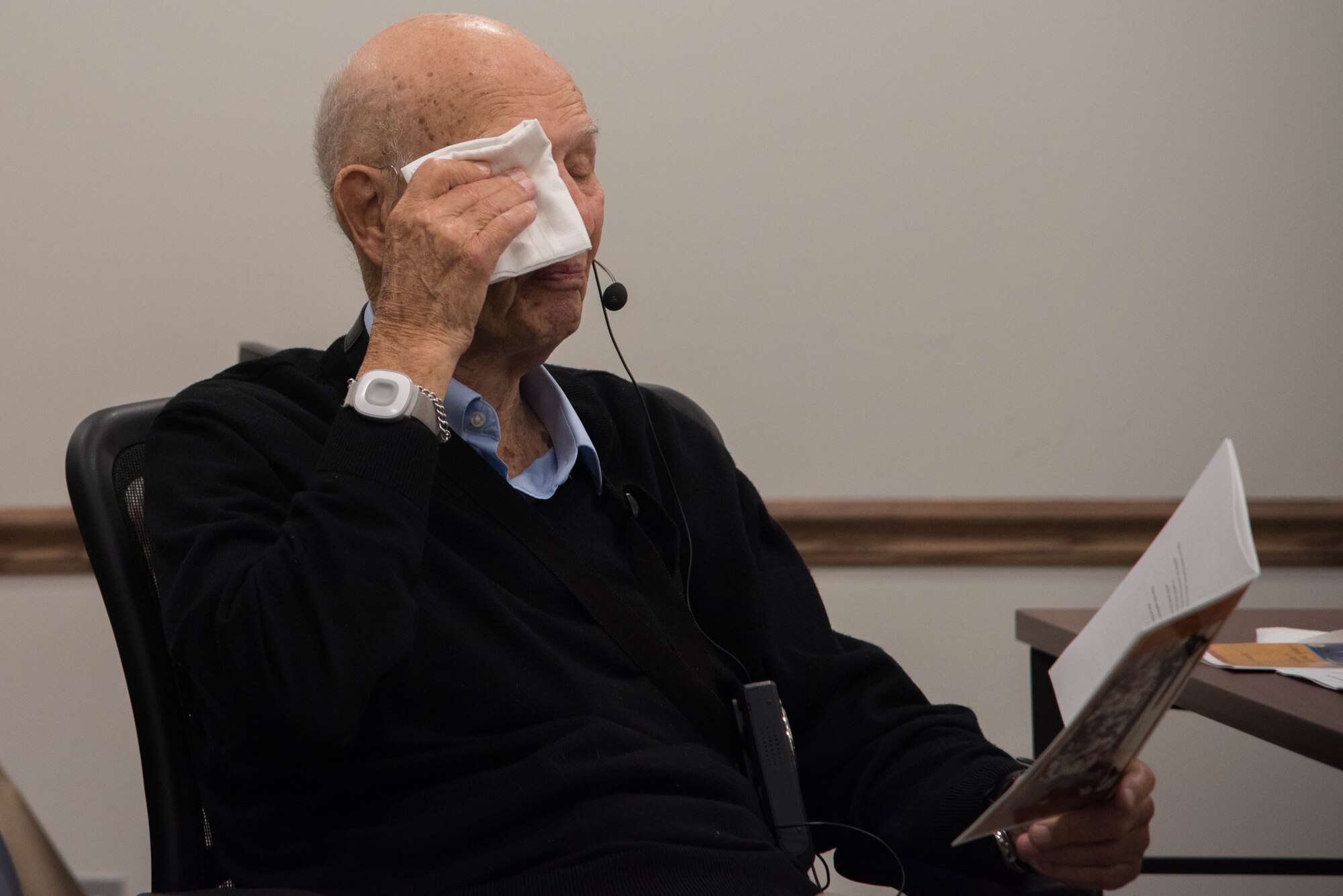 Marvin Martin, a B-29 Superfortress radar observer, expresses his joy after recounting the memory of the war ending during a luncheon Sept. 10, 2019, at McConnell Air Force Base, Kan. World War II ended with the surrender of all countries included in the Axis powers: the nations that opposed the Allies in World War II. (U.S. Air Force photo by Airman 1st Class Marc A. Garcia)