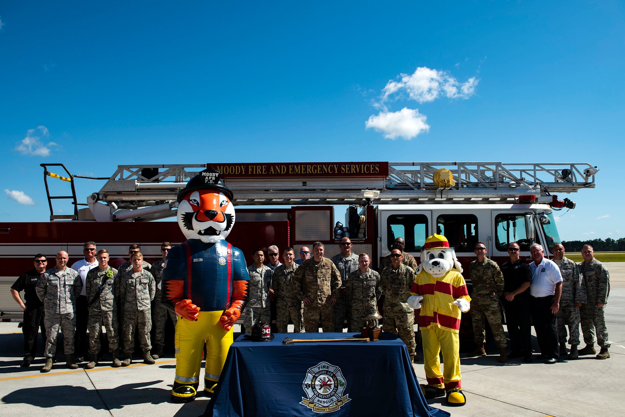 Airmen from the 23d Civil Engineer Squadron and 23d Wing leadership pose for a photo Sept. 23, 2019, at Moody Air Force Base, Ga. Col. Daniel P. Walls, 23d Wing commander, proclaimed the week of Oct. 6-12 as Fire Prevention Week, which is designed to commemorate the sacrifices of our firefighters and teach fire safety to others. (U.S. Air Force photo by Senior Airman Erick Requadt)
