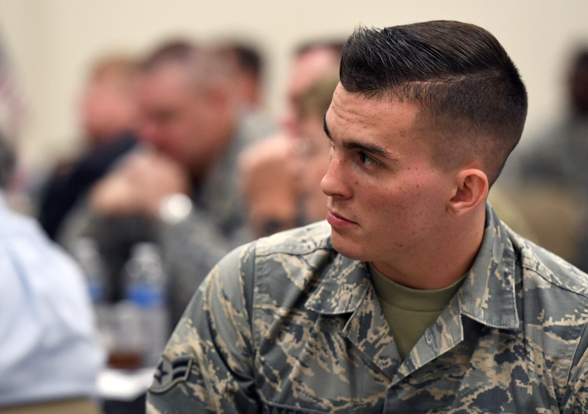 U.S. Air Force Airman 1st Class Matthew Ketterling, 81st Aerospace Medicine Squadron bioenvironmental engineering technician, attends the POW/MIA remembrance luncheon inside the Roberts Consolidated Aircraft Maintenance Facility at Keesler Air Force Base, Mississippi, Sept. 20, 2019. The event, hosted by the Air Force Sergeants Association, was held to raise awareness and to pay tribute to all prisoners of war and those military members still missing in action. (U.S. Air Force photo by Kemberly Groue)