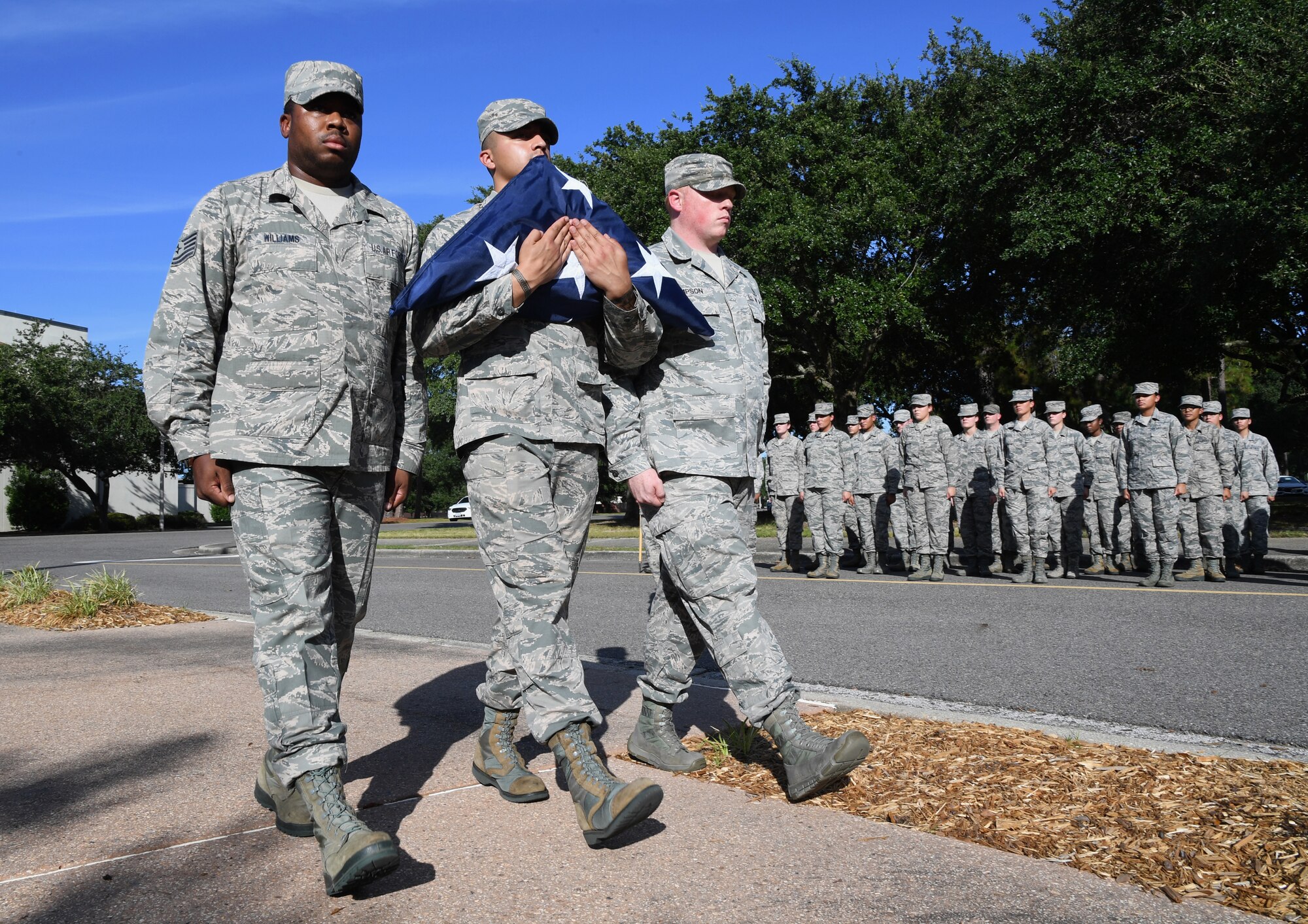 Keesler Airmen participate in the POW/MIA retreat ceremony at Keesler Air Force Base, Mississippi, Sept. 20, 2019. The event was held to raise awareness and to pay tribute to all prisoners of war and those military members still missing in action. (U.S. Air Force photo by Kemberly Groue)