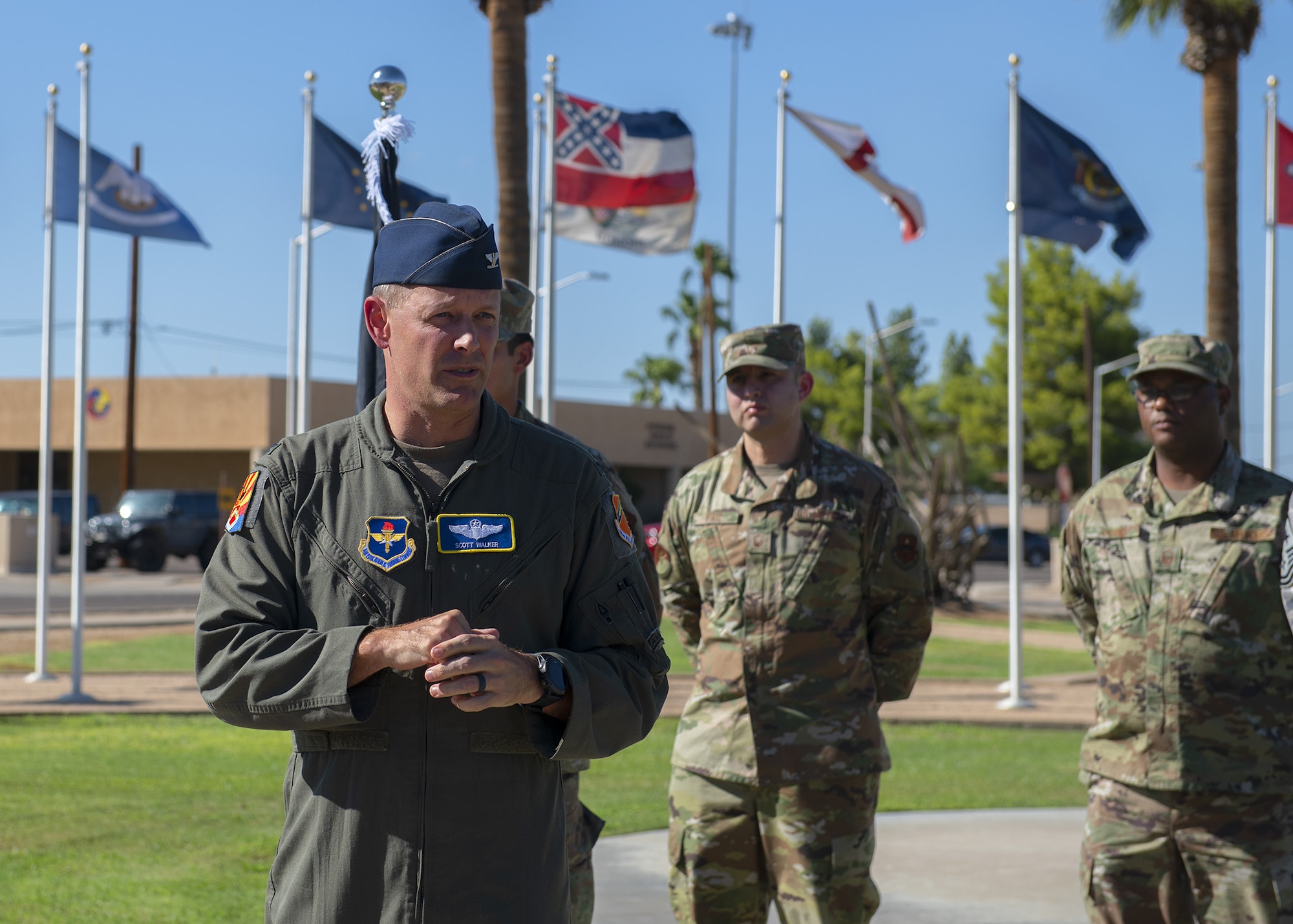 Col. Scott Walker, 56th Fighter Wing vice commander, addresses the audience at the annual POW/MIA vigil run opening ceremony Sept. 19, 2019, at Luke Air Force Base, Ariz.