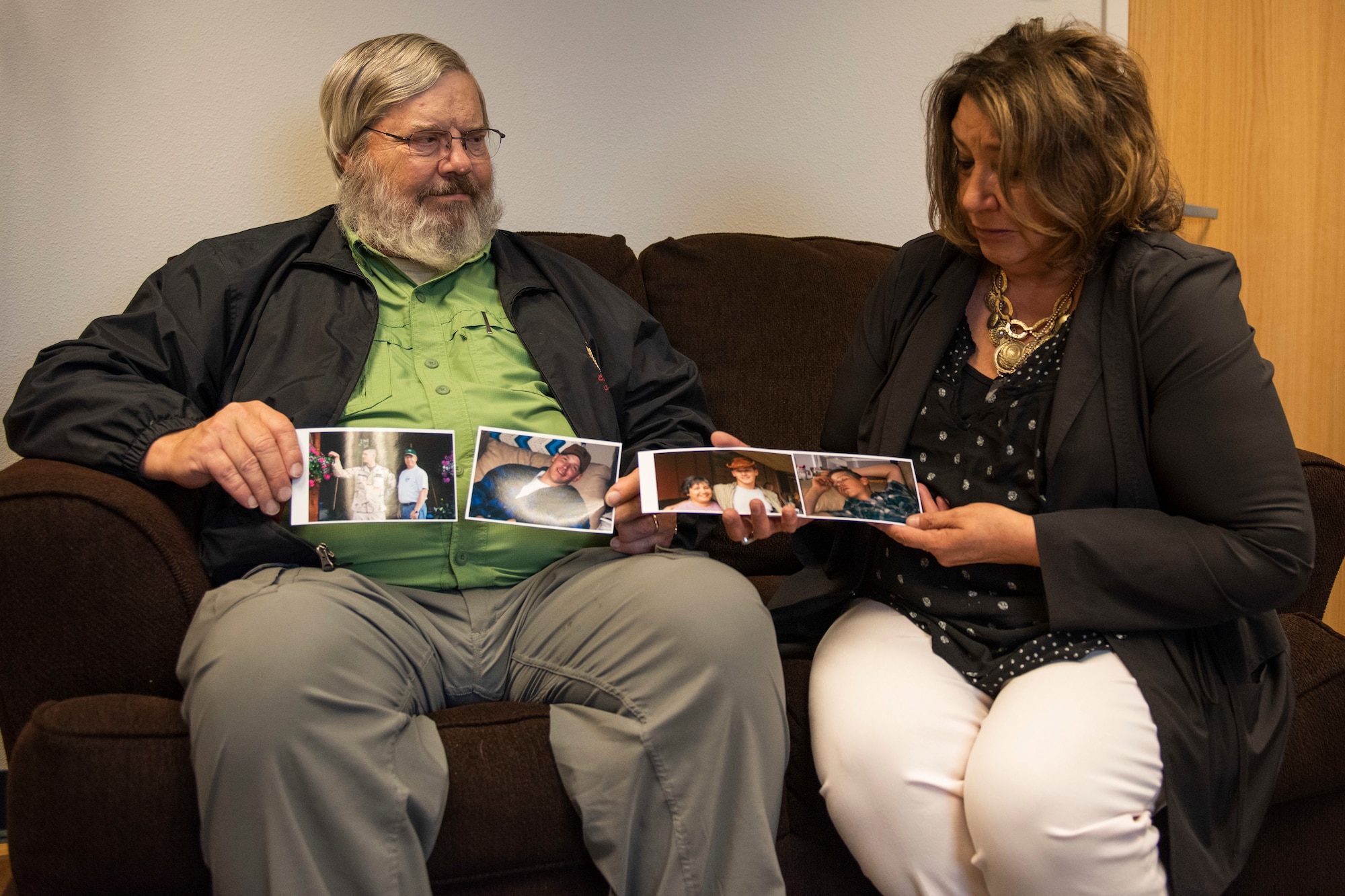 Sandy Bohling, a learning and development training specialist with Southcentral Foundation, and Charles Bohling, a retired U.S. Army National Guard master sergeant, hold photos of their son, Matthew, Sept. 19, 2019 on Joint Base Elmendorf-Richardson, Alaska. Matthew H. Bohling, assigned to the 2nd Battalion, 69th Armor Regiment, 3rd Brigade, 3rd Infantry Division at Fort Benning, Georgia, died in Ramadi, Iraq, Sept. 5, 2005, when an improvised explosive device detonated near his Humvee during combat operations. The last Sunday of September is National Gold Star Mother’s and Family’s Day, a tribute to recognize and honor the immeasurable loss suffered by the surviving parents and families of those killed in action.