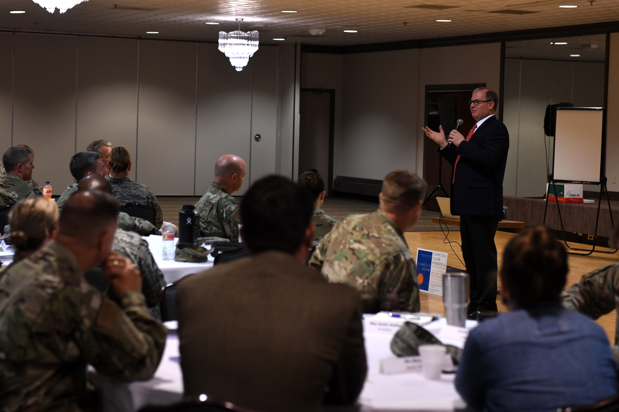 Michael Stallard, guest speaker during a Connection Culture workshop, speaks to the leadership from Peterson and Schriever Air Force Bases in Colorado about the importance of making connections in a unit Sept. 10, 2019, at Peterson AFB. Stallard said that he believes changing the culture of a group of people starts with the leadership. (U.S. Air Force photo by Airman 1st Class Andrew Bertain)