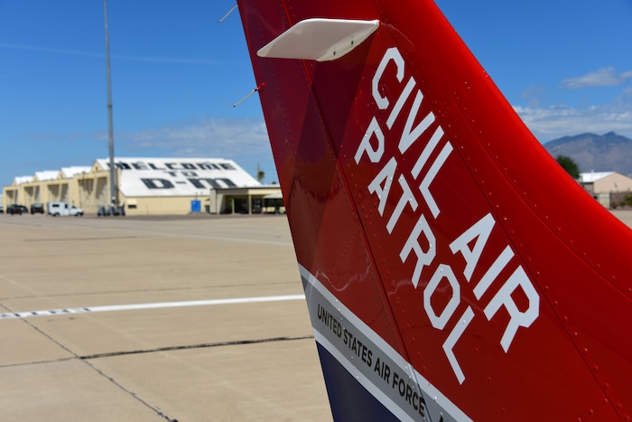 A Civil Air Patrol Cessna 182 Skylane prepares for an orientation flight while on the flightline during a “Fly-Day” at Davis-Monthan Air Force Base, Arizona, Sept. 22, 2019. The Fly-Day included 26 cadet orientation flights and educated cadets about aviation (U.S. Air Force photo by Airman 1st Class Jacob T. Stephens)
