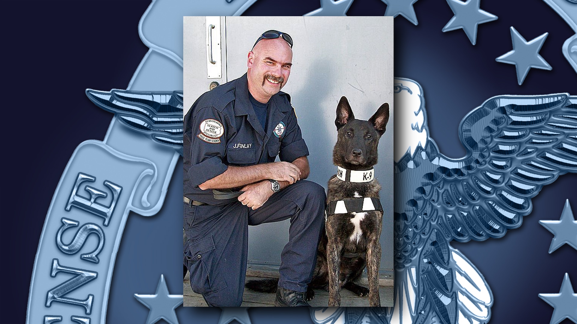 Jeff Finlay, chief of security and emergency management for Defense Logistics Agency Distribution Tobyhanna, Pennsylvania, poses with Kane, a human remains detection dog. Finlay serves on Pennsylvania Task Force One, one of the Federal Emergency Management Agency’s 28 urban search and rescue teams, as well as several local, state and federal incident management teams that help emergency responders bring order to the chaos that follows an emergency. Courtesy photo