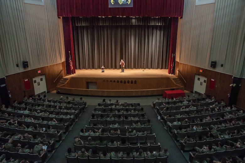 Bernie McGrenahan, a stand-up comedian, performs his show ‘Comedy is the Cure’ to Marines of 2nd Marine Logistics Group at Marine Corps Base Camp Lejeune, N.C., Sept. 19, 2019. ‘Comedy for a Cure’ is a show that uses comedy and personal life testimony to educate audiences on the dangers of substance abuse. (U.S. Marine Corps photo by Lance Cpl. Fatima Villatoro)