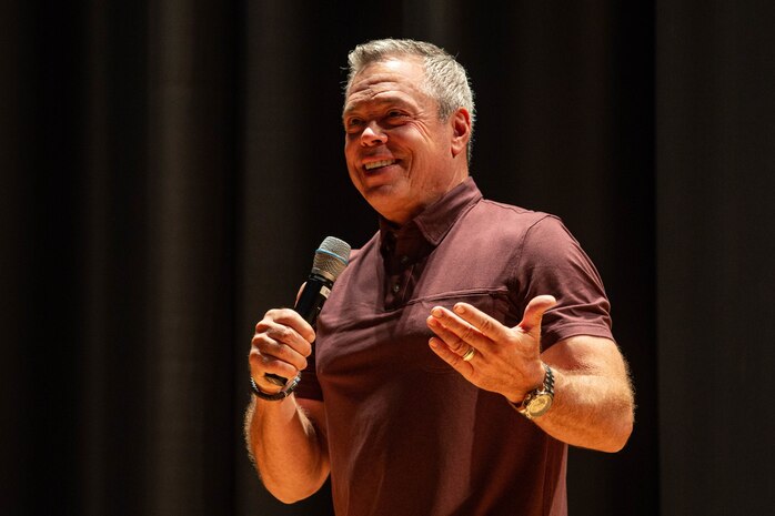 Bernie McGrenahan, a stand-up comedian, performs his show ‘Comedy is the Cure’ to Marines of 2nd Marine Logistics Group at Marine Corps Base Camp Lejeune, N.C., Sept. 19, 2019. ‘Comedy for a Cure’ is a show that uses comedy and personal life testimony to educate audiences on the dangers of substance abuse. (U.S. Marine Corps photo by Lance Cpl. Fatima Villatoro)