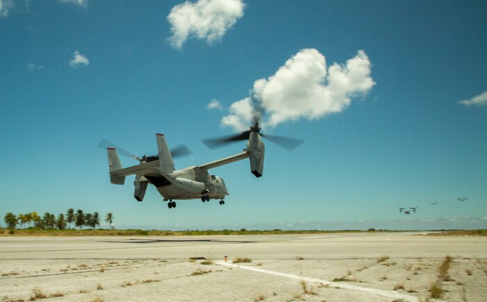 MV-22 Ospreys takeoff during the Marine Rotational Force - Darwin trans-Pacific flight, Cassidy International Airport, Kiribati, Sep. 20, 2019. The flight was conducted to improve upon the Osprey trans-Pacific concept that has been developed and refined over the past three MRF-D iterations. x