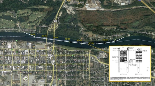 The Augusta Training Wall, indicted by the white line down the center of the river, runs from near Eighth Street in downtown to 1,800 feet past the Boathouse Community Center in Augusta, Georgia.