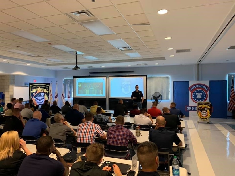 U.S. Army 3rd Recruiting Brigade Commander Col. Eric Lopez opens a three-day training forum with remarks and guidance to battalion and company leadership teams at US Army Reserve Aviation Command headquarters, Fort Knox, Kentucky, Sept. 20.