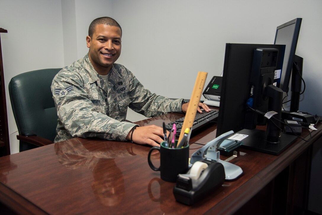 Senior Airman Louis Chevere, a 108th Wing paralegal, poses for a photo at Joint Base McGuire-Dix-Lakehurst, N.J., Sept. 24, 2019. "My favorite part of Puerto Rican culture is the food and music," said Chevere. "Nothing else compares to it." Chevere joined the Air National Guard seven years ago to serve his country and for better education and career opportunities.