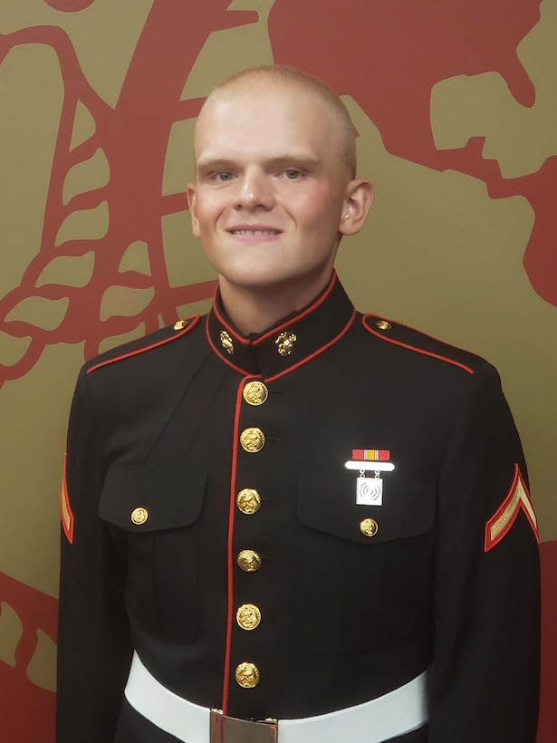 U.S. Marine Corps Pfc. Brodie Herbst, a native of Novi, Michigan, poses for a photo for a photo on Aug. 19, 2019, at Recruiting Substation Novi. Rogers reported to Marine Combat Training on Aug. 27 where he will learn basic infantry tactics and skills. (U.S. Marine Corps photo by Cpl. Nicholas Lubchenko)