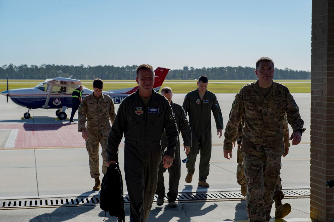 U.S. Air Force Brig. Gen. Kenneth Ekman, 1st Air Force and Air Forces Northern Command vice commander, visits Moody Air Force Base, Ga., Sept. 23, 2019. Ekman recognized Airmen assigned to the 347th Rescue Group and support personnel from across the installation for their assistance with foreign disaster relief efforts in the wake of Hurricane Dorian. (U.S. Air Force photo by Airman Azaria E. Foster)