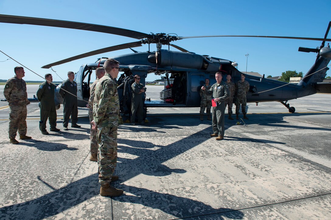 U.S. Air Force Brig. Gen. Kenneth Ekman, 1st Air Force and Air Forces Northern Command vice commander, speaks with Airmen from the 41st Rescue Squadron Sept. 23, 2019, at Moody Air Force Base, Ga. Ekman recognized Airmen assigned to the 347th Rescue Group and support personnel from across the installation for their assistance with foreign disaster relief efforts in the wake of Hurricane Dorian. (U.S. Air Force photo by Airman Azaria E. Foster)