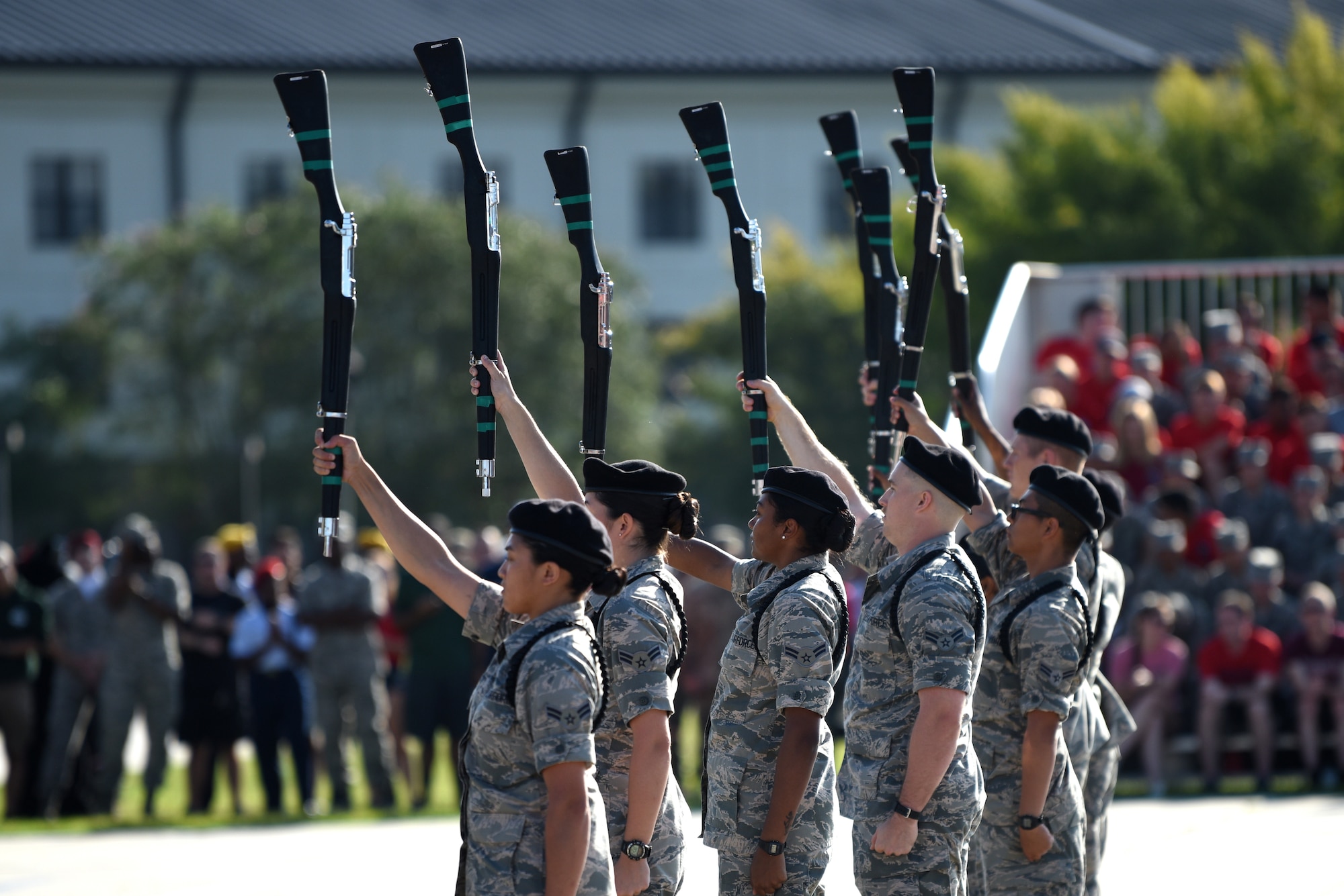 Members of the 334th Training Squadron freestyle drill team perform during the 81st Training Group drill down on the Levitow Training Support Facility drill pad at Keesler Air Force Base, Mississippi, Sept. 20, 2019. Airmen from the 81st TRG competed in a quarterly open ranks inspection, regulation drill routine and freestyle drill routine. While in training, Airmen are given the opportunity to volunteer to learn and execute drill down routines. (U.S. Air Force photo by Airman Seth Haddix)