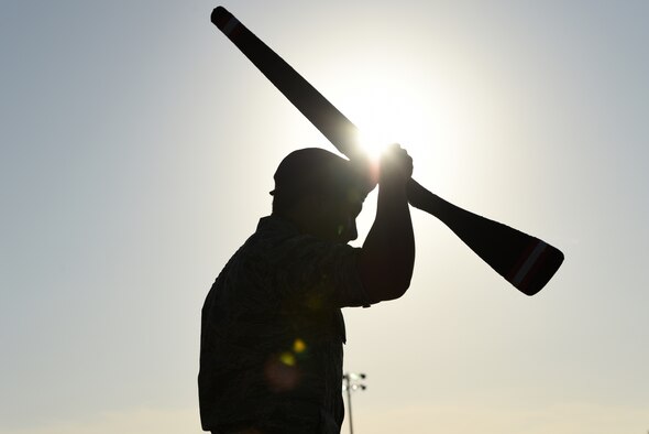 U.S. Air Force Airman 1st Class Carlos Pajaro Donado, 335th Training Squadron student, practices before the 81st Training Group drill down on the Levitow Training Support Facility drill pad at Keesler Air Force Base, Mississippi, Sept. 20, 2019. Airmen from the 81st Training Group competed in a quarterly open ranks inspection, regulation drill routine and freestyle drill routine. While in training, Airmen are given the opportunity to volunteer to learn and execute drill down routines. (U.S. Air Force photo by Airman Seth Haddix)