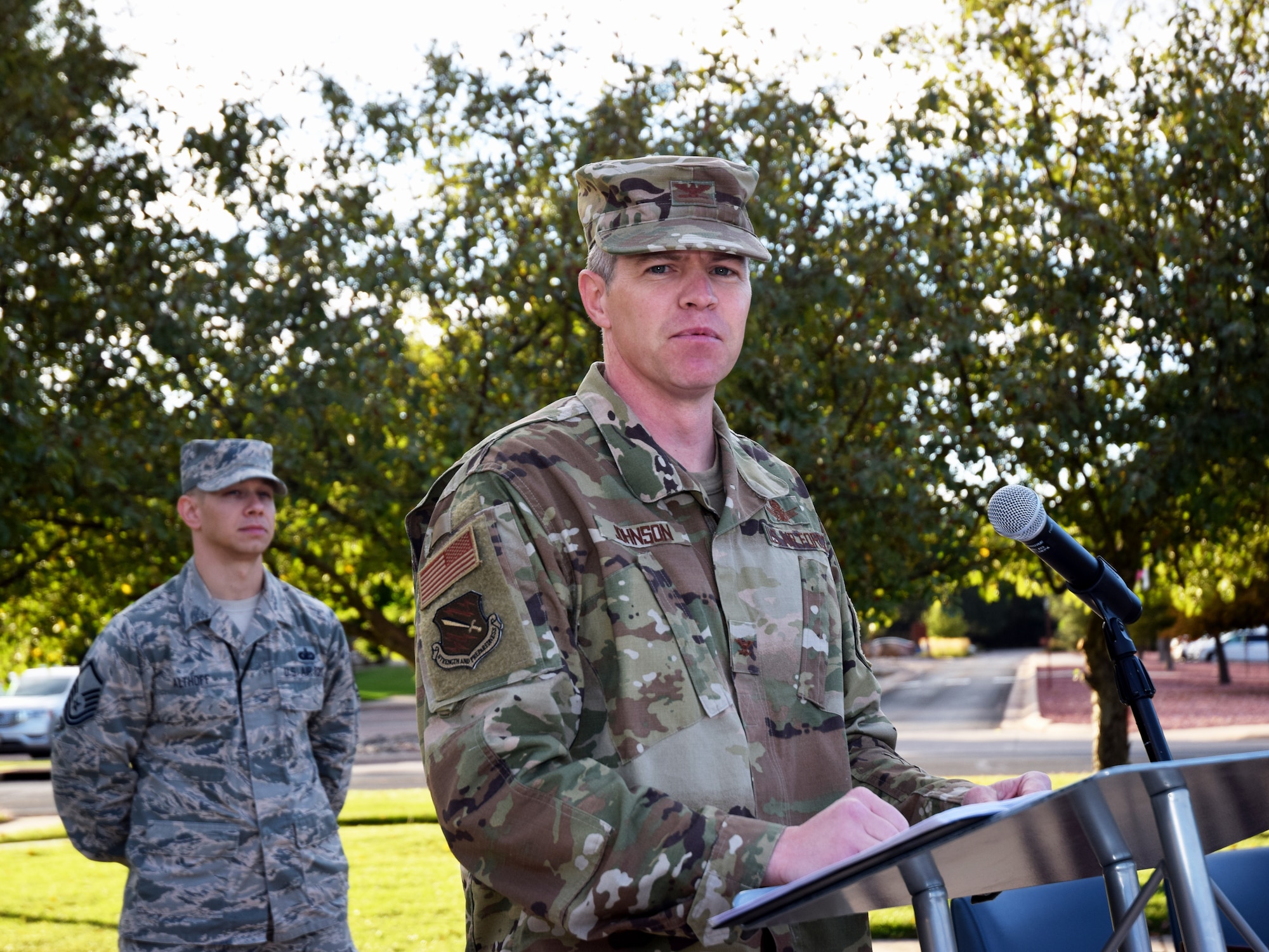 Col. Sam Johnson offers opening remarks at the beginning of Prisoner of War/Missing in Action Remembrance Week on Peterson Air Force Base, Colorado, Sept. 16, 2019. POW/MIA Remembrance Week ran Sept. 16-20, 2019. (U.S. Air Force photo by Griffin Swartzell)