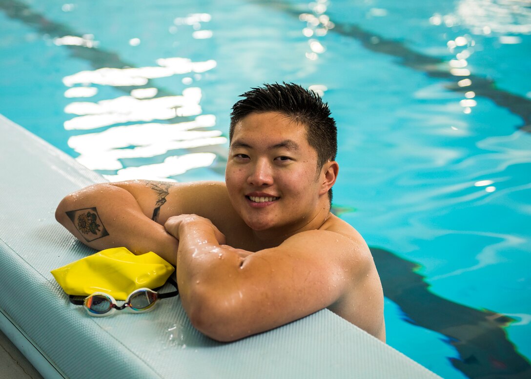 Airman 1st Class Micheal Yoo, 366th Maintenance Squadron, avionics backshop techinician, poses for a photo during his daily swim training September 18th, 2019, at Mountain Home Air Force Base, Idaho. Yoo is a competitor on the Air Force team in the world military games. (U.S. Air Force photo by Senior Airman Tyrell Hall)