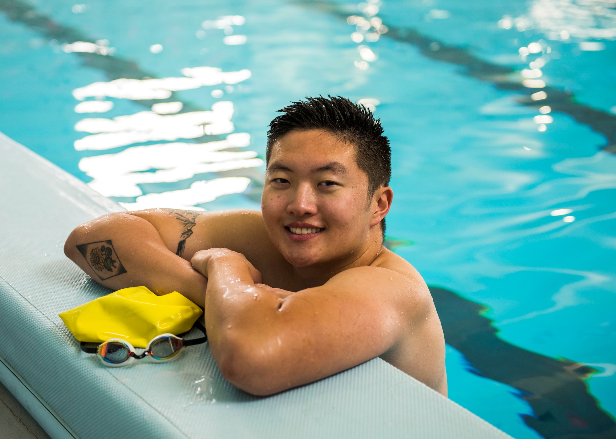 Airman 1st Class Micheal Yoo, 366th Maintenance Squadron, avionics backshop techinician, poses for a photo during his daily swim training September 18th, 2019, at Mountain Home Air Force Base, Idaho. Yoo is a competitor on the Air Force team in the world military games. (U.S. Air Force photo by Senior Airman Tyrell Hall)