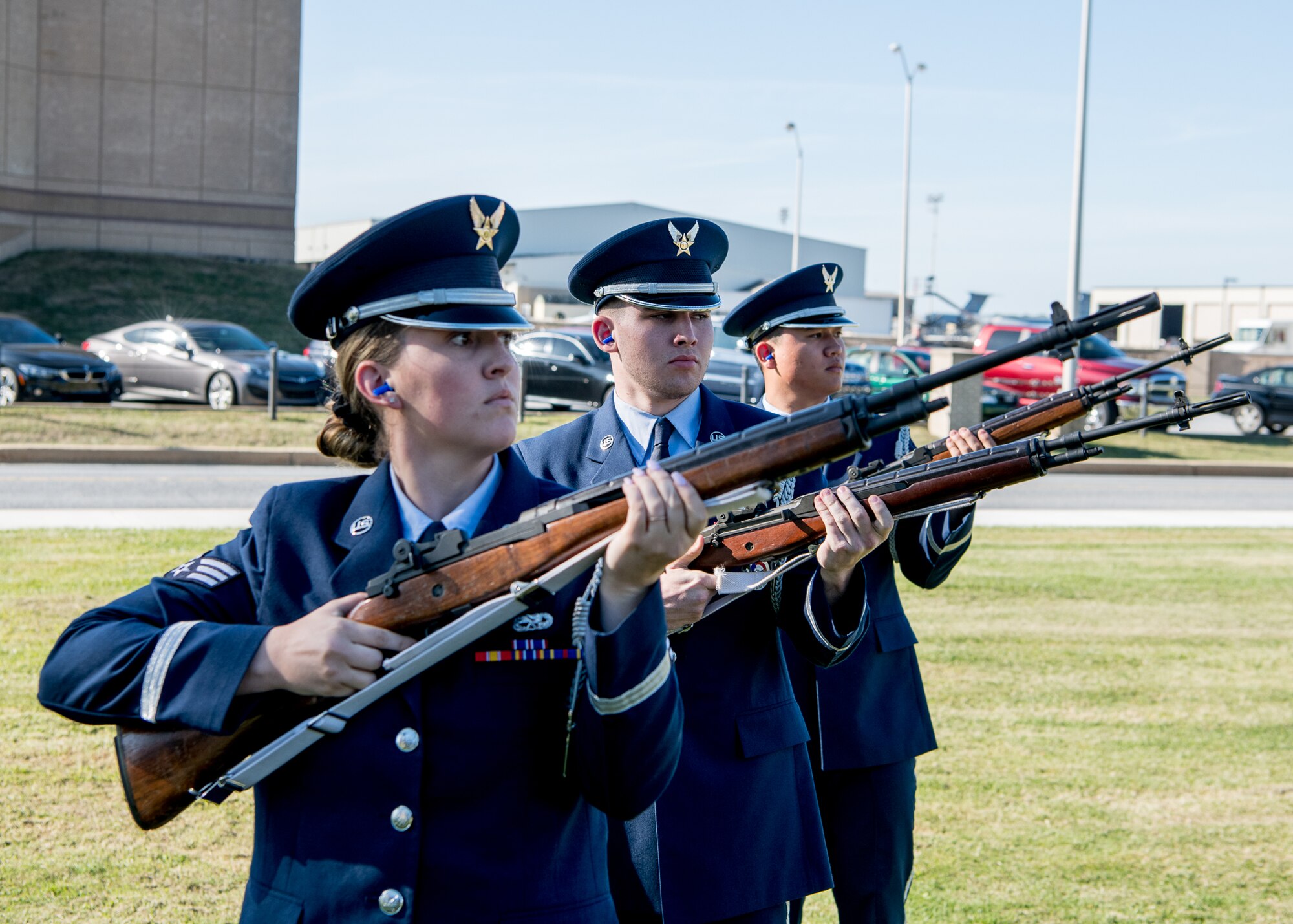 Members of the Dover Air Force Base Honor Guard fire a volley salute during a retreat ceremony commemorating National POW/MIA Recognition Day Sept. 20, 2019, at Dover Air Force Base, Del. The volley is an old battleground tradition, in which the two warring sides would cease hostilities to clear their dead from the battlefield. (U.S. Air Force photo by Mauricio Campino)