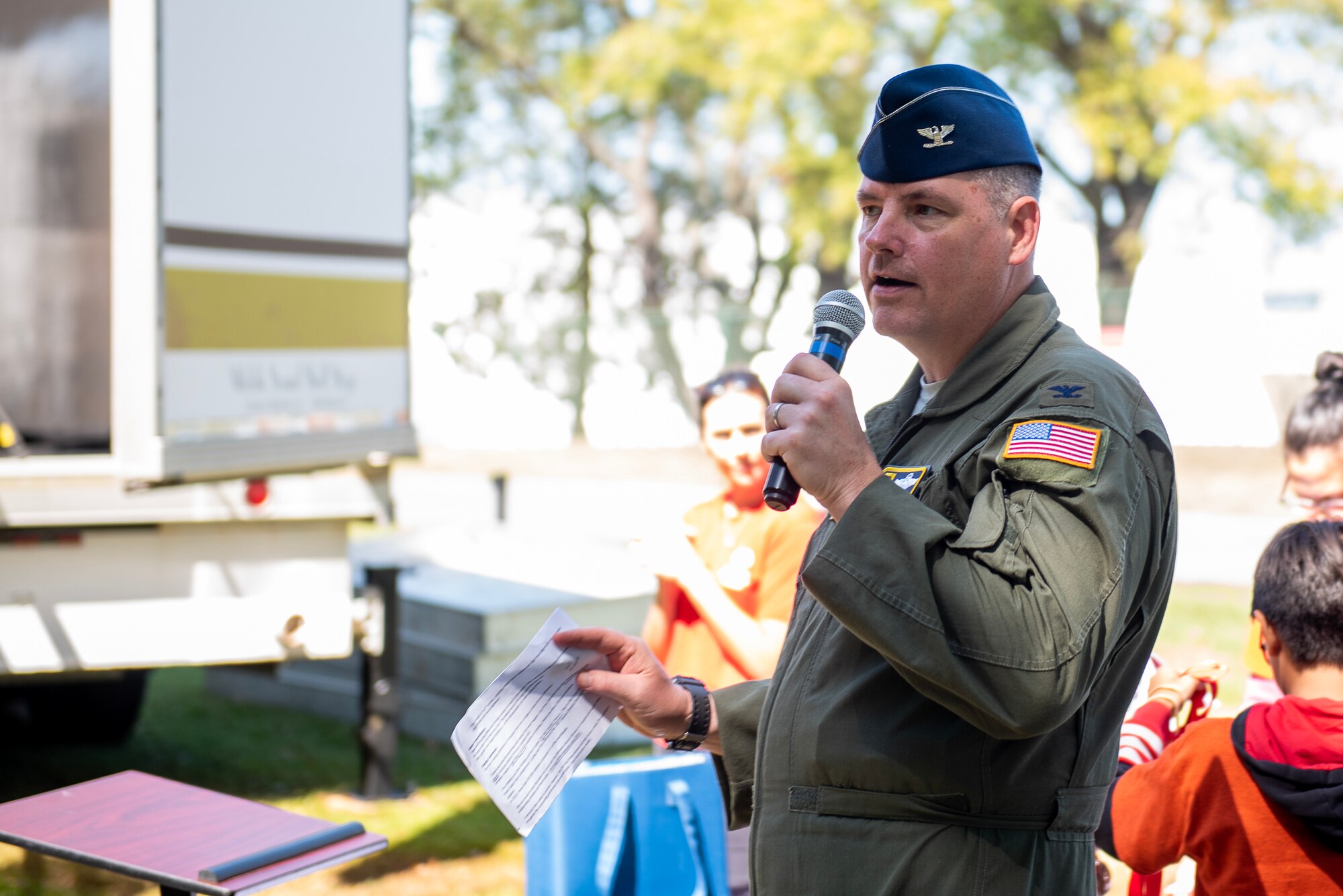 Col. Gregory P. Haynes, 512th Airlift Wing commander, gives closing remarks during the 2019 Special Olympics Cycling Event at Dover Air Force Base, Delaware, Sept. 21, 2019. The Special Olympics Delaware organization has grown to more than 4,200 athletes and 500 coaches participating in 19 sports. (U.S. Air Force photo by Staff Sgt. Damien Taylor)