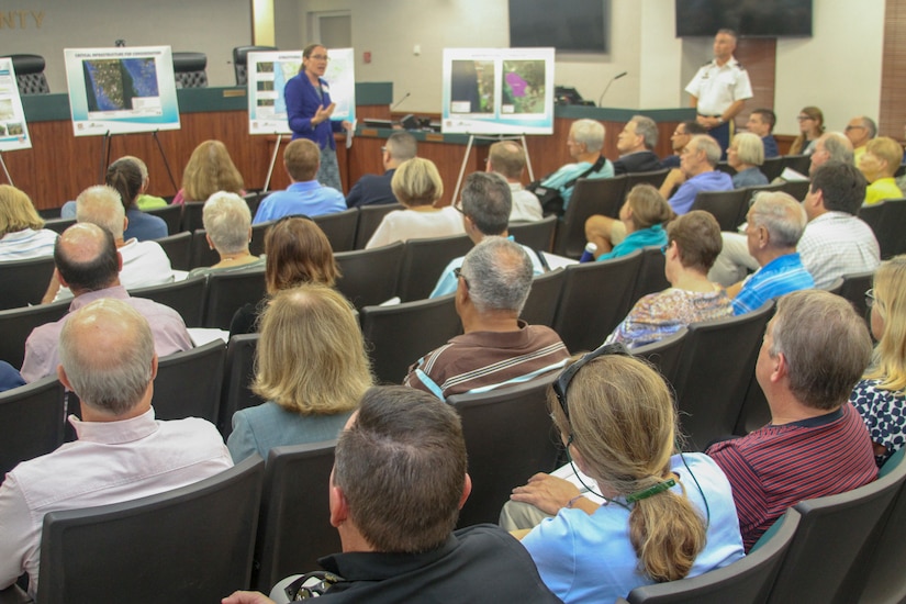 More than 100 people attend Collier County Coastal Storm Risk Management Feasibility Study public meeting in Naples, Florida, Sept. 9, 2019.