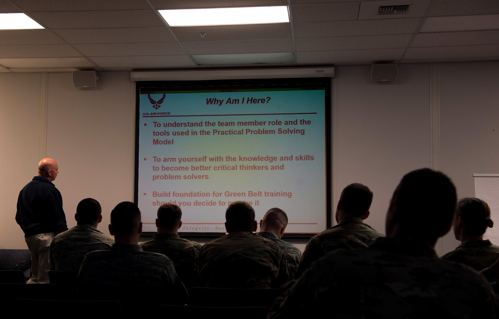 Bryan Dochnahl, 62nd Airlift Wing Manpower wing process manager, teaches the Practical Problem Solving Model class to 627th Logistics Readiness Squadron Airmen at Joint Base Lewis-McChord, Wash., Sept. 20, 2019. The class is a part of the Continuous Improvement Process, a wing program that is designed to reduce waste and improve processes in organizations. (U.S. Air Force photo by Senior Airman Tryphena Mayhugh)