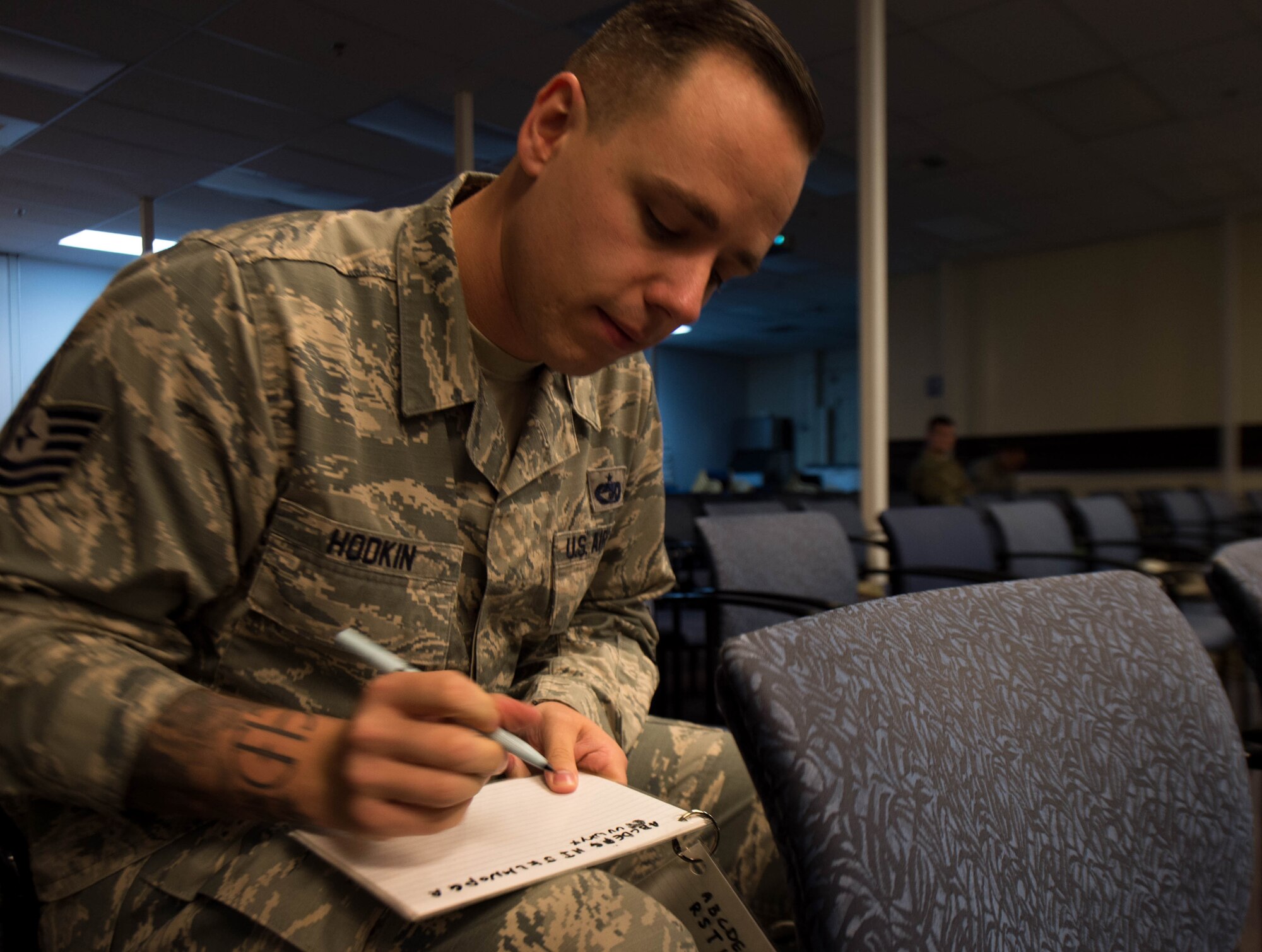 Tech. Sgt. Kristopher Hodkin, 627th Logistics Readiness Squadron noncommissioned officer in charge of cargo movement, participates in a group activity during the 62nd Airlift Wing Manpower’s Practical Problem Solving Model course at Joint Base Lewis-McChord, Wash., Sept. 20, 2019. The group activities helped Airmen to see where there can be shortfalls in processes and gave them tools to fix them. (U.S. Air Force photo by Senior Airman Tryphena Mayhugh)